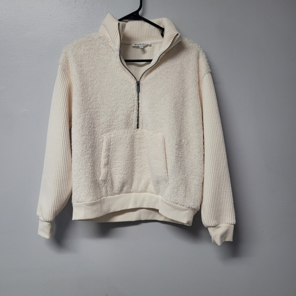 Workshop Republic Clothing Cream Sherpa Quarter Zip Pullover XS mark on sleeve